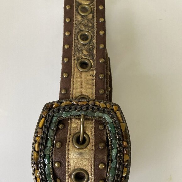 Handmade Brown Leather Statement Belt Semi Precious Stones Studs Up To Size 36 - Picture 1 of 16